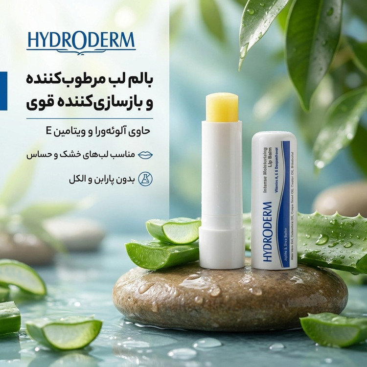 بالم لب مرطوبکننده و بازسازیکننده هیدرودرم مدل 02 حاوی عصاره آلوئهورا و ویتامین E مناسب لبهای خشک و حساس بدون پارابن و الکل