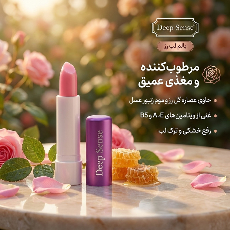 بالم لب مرطوبکننده و مغذی دیپ سنس مدل رز با عصاره گل رز، موم زنبور عسل و ویتامینهای E، A و B5، مناسب پوست خشک و معمولی، رفع خشکی و ترک لب، محافظت و تغذیهکننده