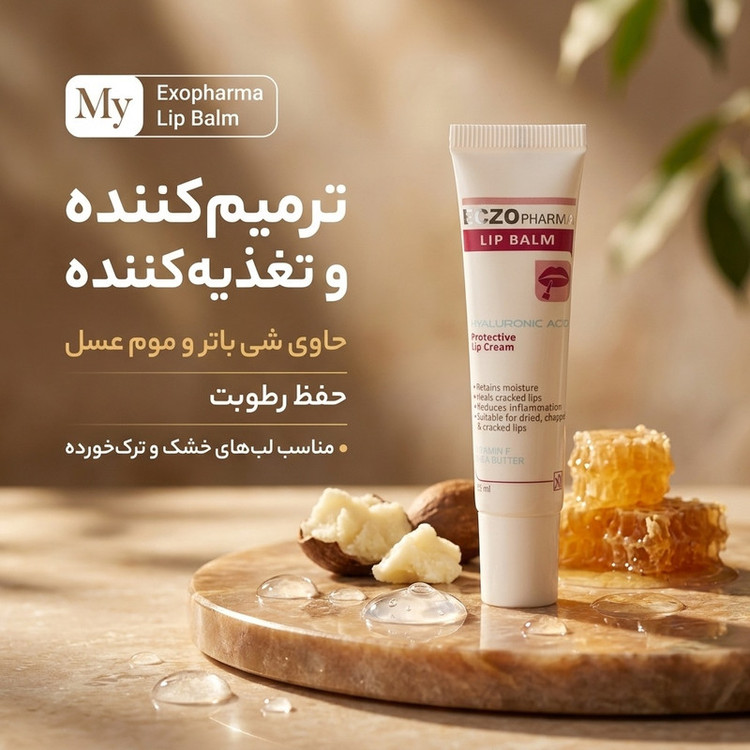 بالم لب ترمیمکننده و تغذیهکننده مای مدل Exopharma حجم 15 میلیلیتر حاوی شی باتر، هیالورونیک اسید و موم عسل محافظتکننده از لبهای خشک و ترکخورده و حفظ رطوبت