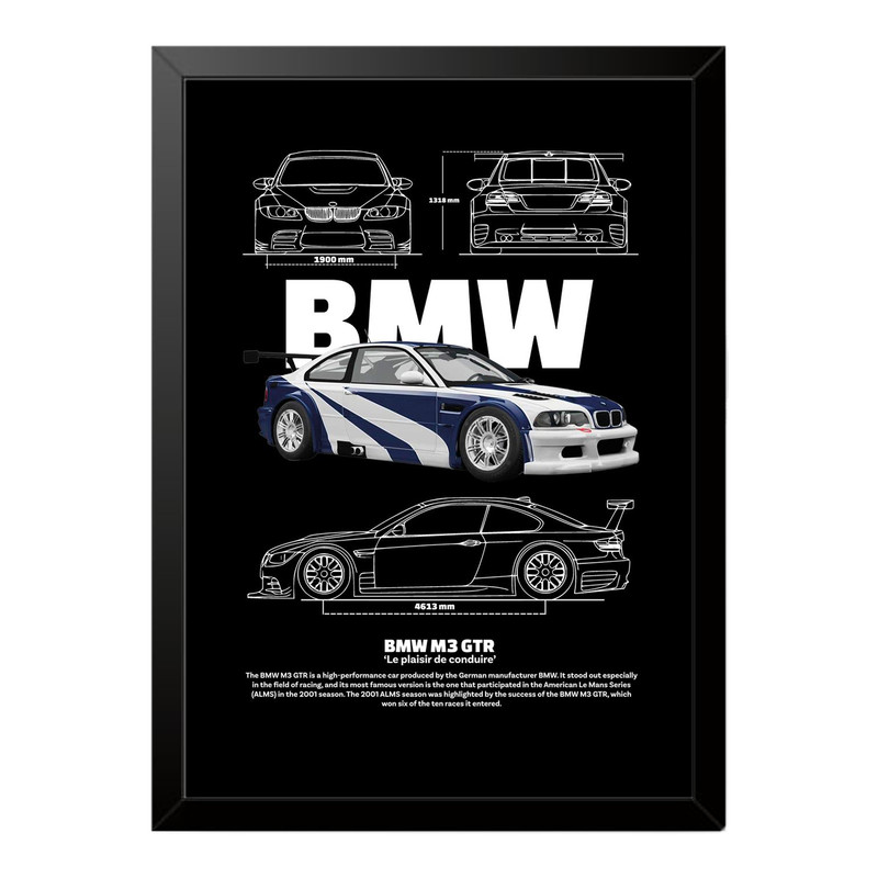 تابلو بکلیت طرح ماشین و خودرو بی ام و BMW M3 GTR مدل b-po1543 فریم مشکی