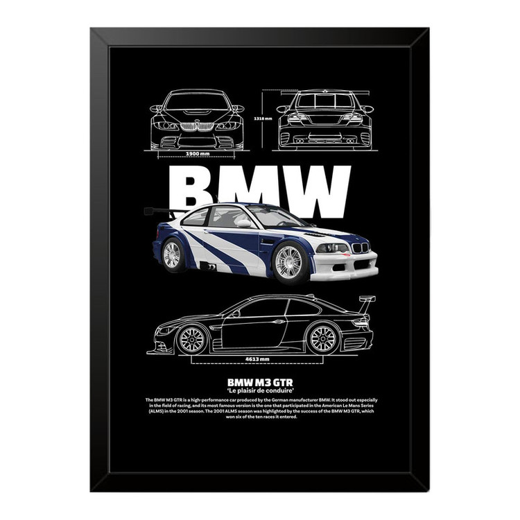 تابلو بکلیت طرح ماشین و خودرو بی ام و BMW M3 GTR مدل b-po1543 فریم مشکی
