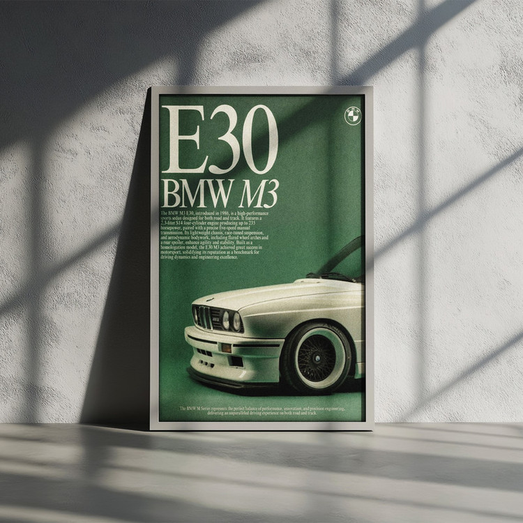 تابلو بکلیت طرح ماشین و خودرو بی ام و BMW M3 E30 مدل W-po1579 فریم سفید