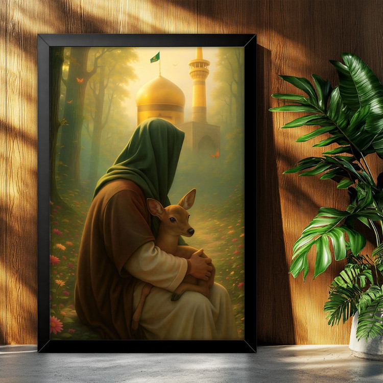 تابلو بکلیت طرح امام رضا علیه السلام (یا ضامن آهو) مدل B-po2157 فریم مشکی