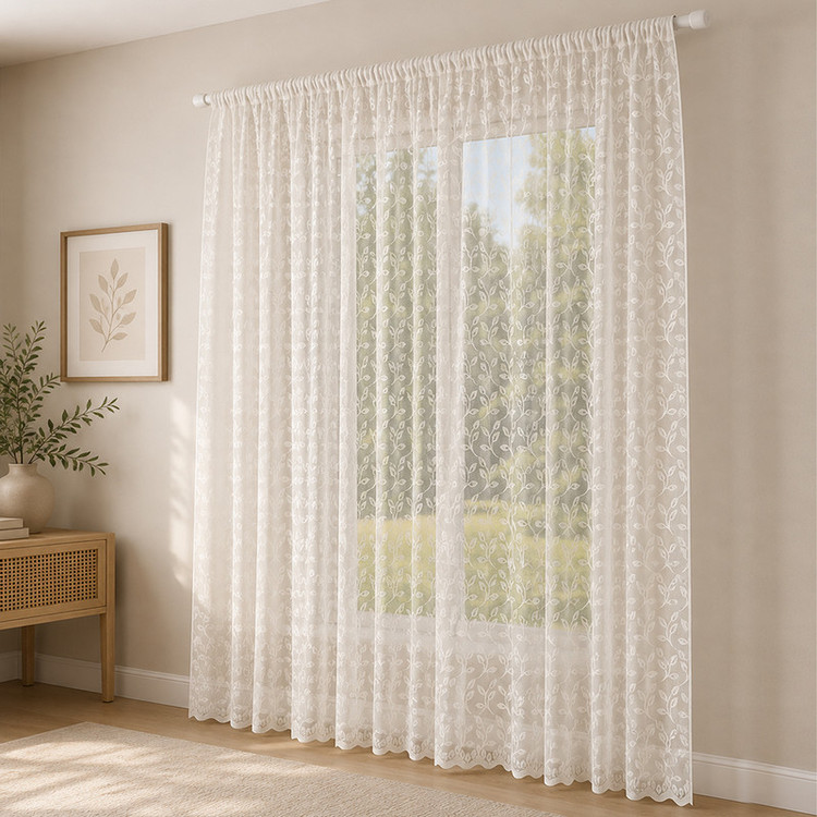 پرده تیکو دکو مدل دوخت ساده تور راشل کادکا طرح برگی دالبوردار سایز 280 × 300 سانتیمتر