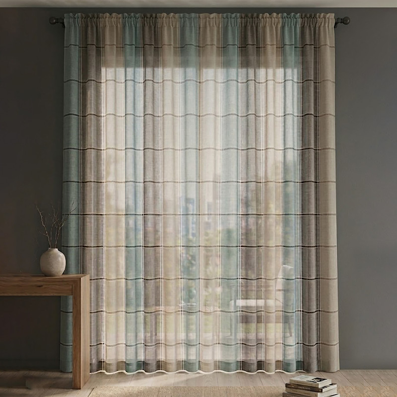 پرده تیکو دکو مدل دوخت ساده کتان چهارخانه کلاسیک سایز 280 × 300 سانتی‌متر
