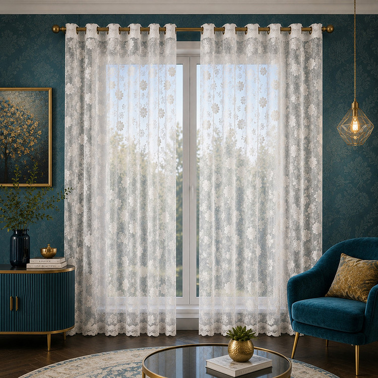 پرده پانچ تیکو دکو مدل تور راشل کادکا طرح گلبرگ دالبوردار سایز 280 × 225 سانتیمتر مجموعه دو عددی
