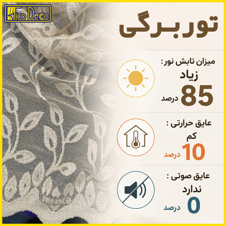 پرده پانچ تیکو دکو مدل تور راشل کادکا طرح برگی دالبوردار سایز 280 × 300 سانتیمتر