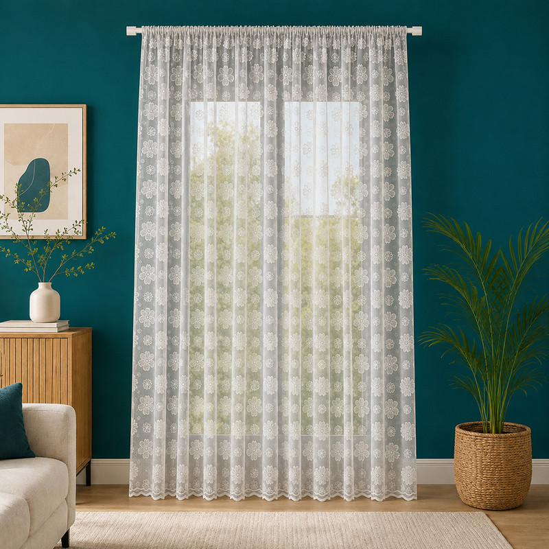 پرده تیکو دکو مدل دوخت ساده تور راشل کادکا طرح گلبرگ دالبوردار سایز 280 × 300 سانتی‌متر