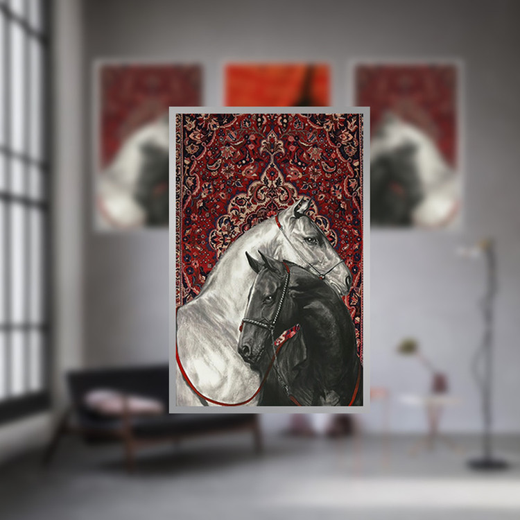 تابلو بکلیت طرح نقاشی چهره و اسب مدل SI-3344 فریم نقره ای مجموعه 3 عددی