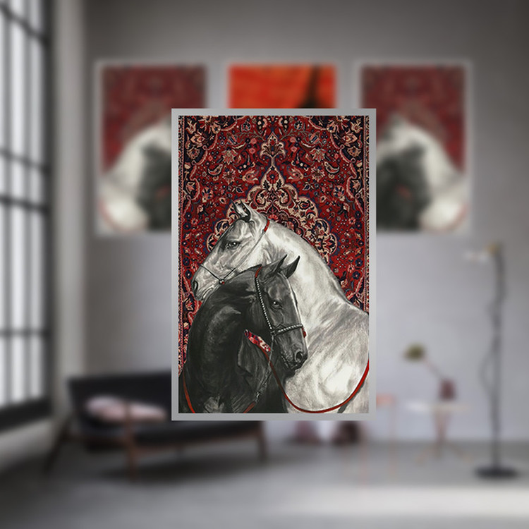 تابلو بکلیت طرح نقاشی چهره و اسب مدل SI-3344 فریم نقره ای مجموعه 3 عددی