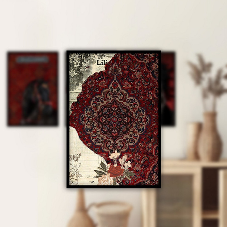 تابلو بکلیت طرح فرش و اسب مدل B-4353 رنگ فریم مشکی مجموعه 3 عددی