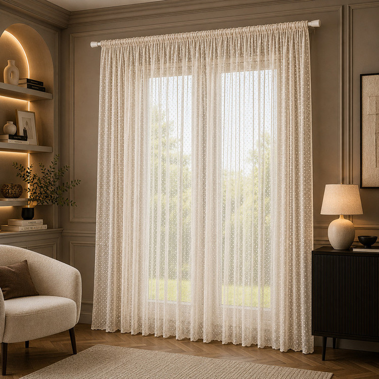 پرده تیکو دکو مدل دوخت ساده تور راشل کادکا طرح اشرفی دالبوردار سایز 280 × 300 سانتیمتر