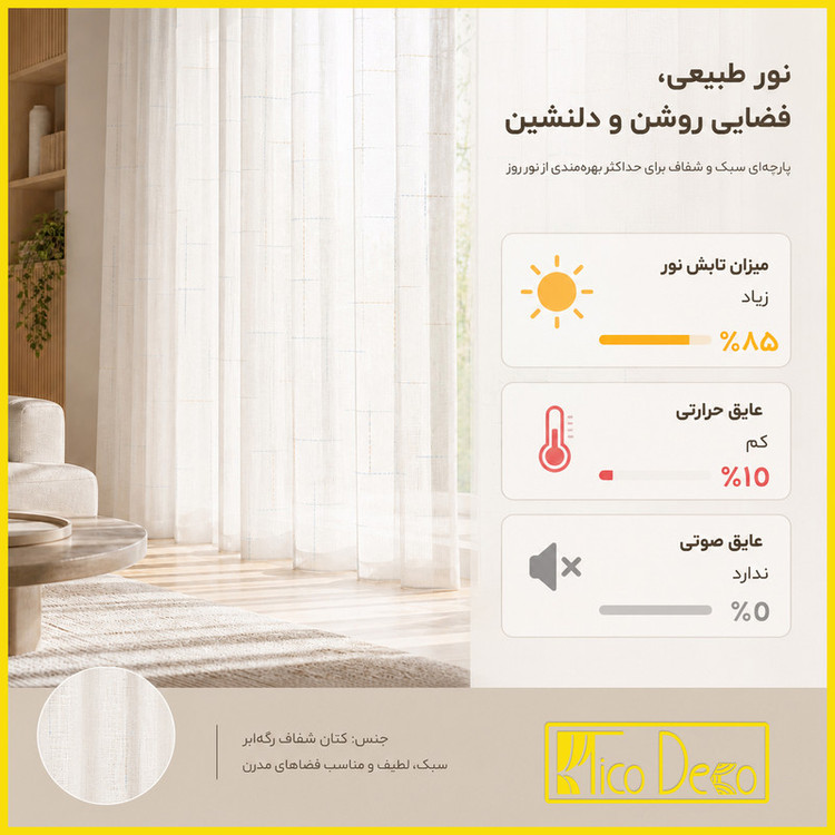 پرده پانچ تیکو دکو مدل کتان شفاف رگه ابر سایز 280 × 140 سانتیمتر مجموعه دو عددی