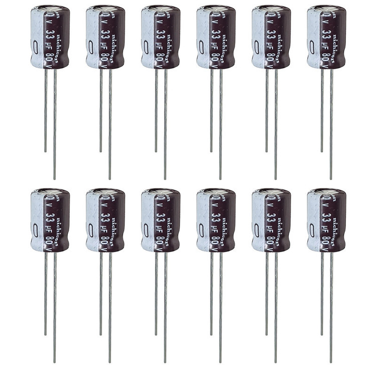 خازن الکترولیت 33 میکروفاراد 80 ولت نیچیکون مدل SK-3380 بسته 12 عددی