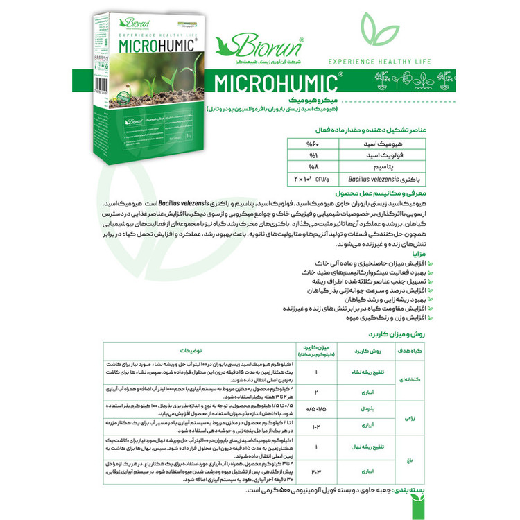 کود هیومیک اسید زیستی بایوران مدل میکروهیومیک حجم 1 کیلوگرم