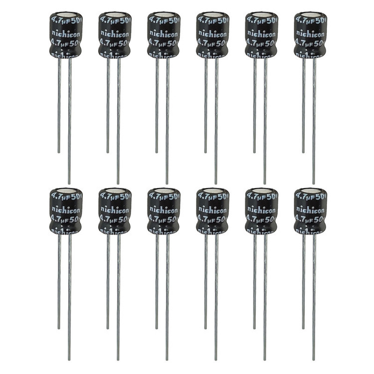خازن الکترولیت 4.7 میکروفاراد 50 ولت نیچیکون مدل SK-4750 بسته 12 عددی