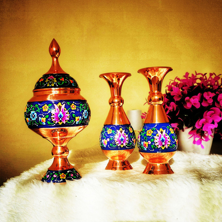 ست 3 تکه گلدان و شکلات خوری میناکاری نگارستان نیلی کد payedar20