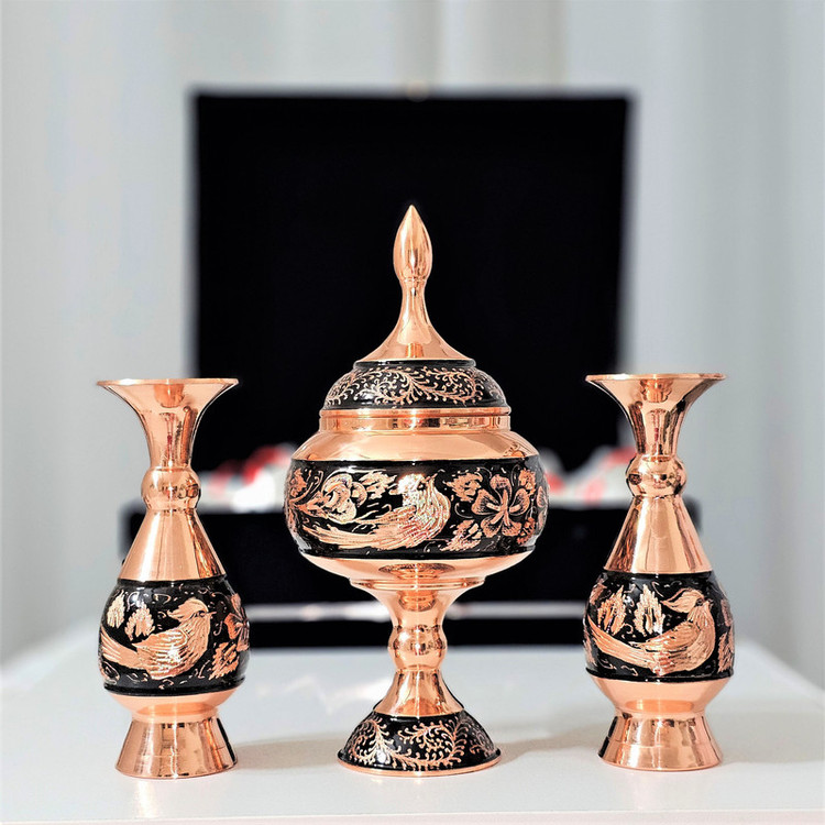 ست 3 تکه گلدان و شکلات خوری مسی نگارستان نیلی مدل الماس تراش کد JR-1623