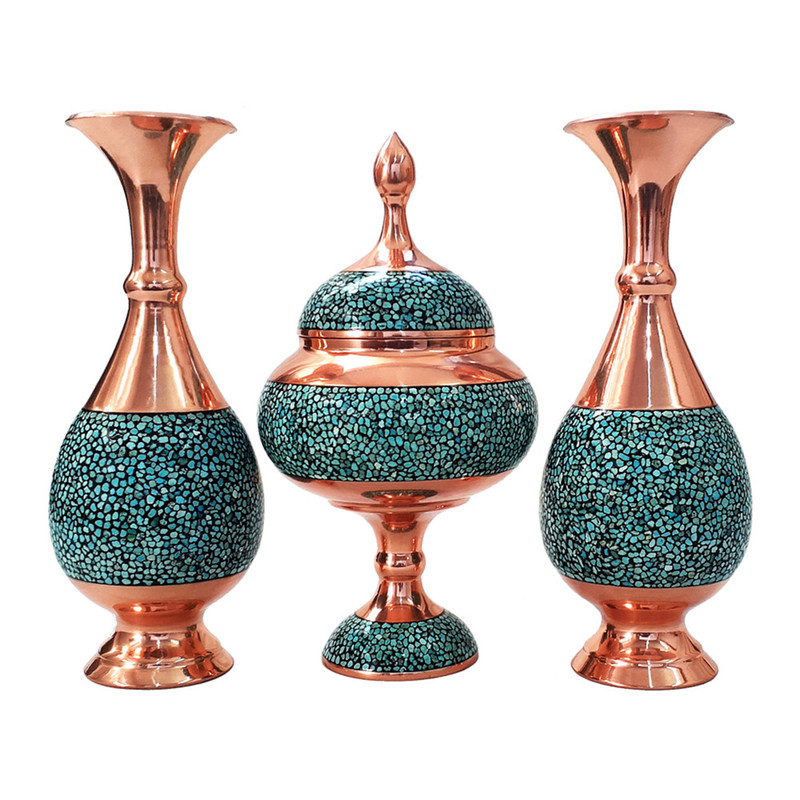 ست 3 تکه گلدان و شکلات خوری فیروزه کوبی مدل شیرازی کد k20