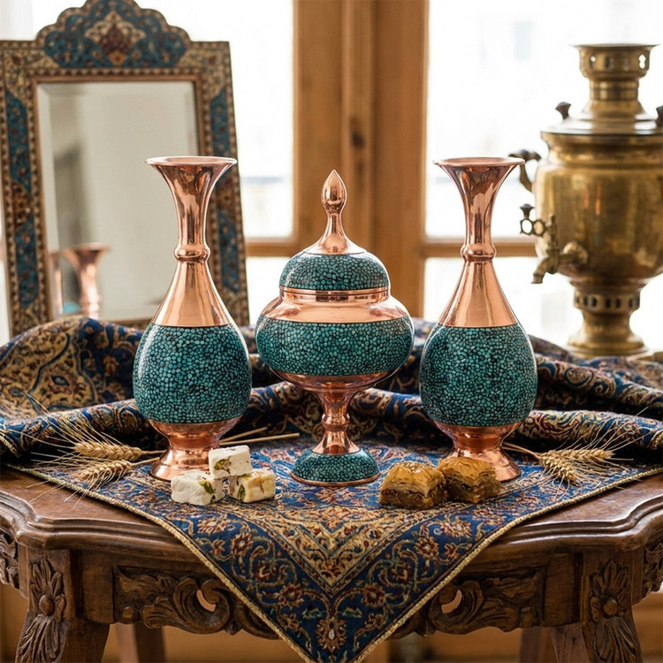 ست 3 تکه گلدان و شکلات خوری فیروزه کوبی مدل شیرازی کد k20