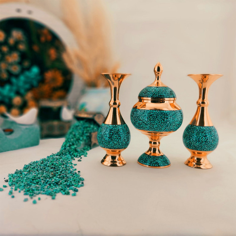 ست 3 تکه گلدان و شکلات خوری فیروزه کوبی مدل شیرازی کد k20