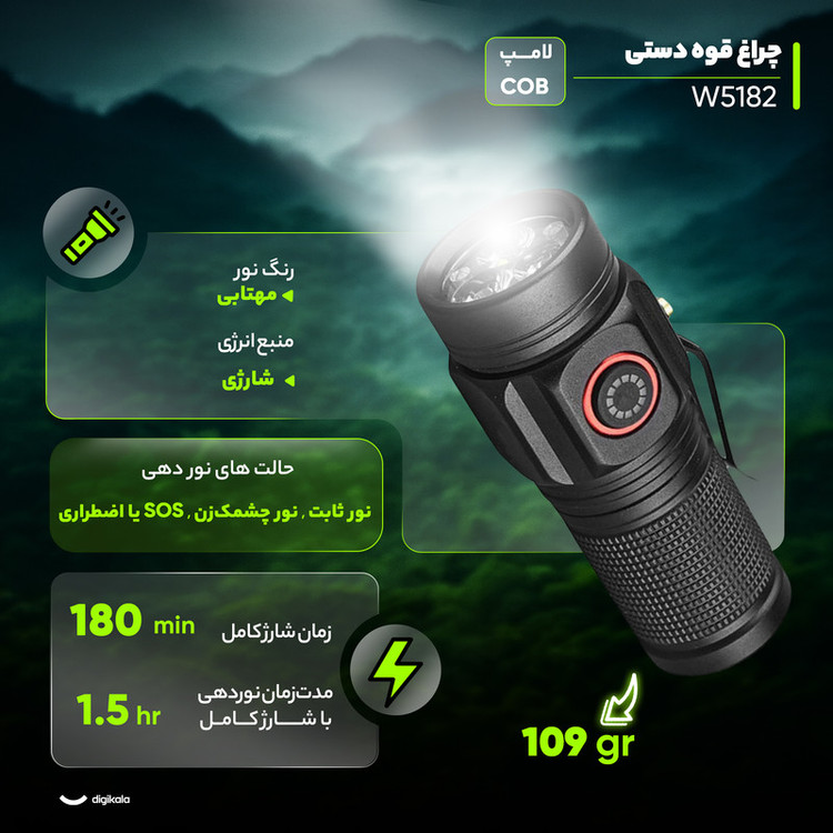 چراغ قوه دستی مدل W5182 با نور مهتابی