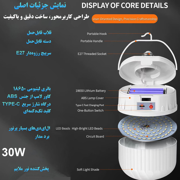 چراغ روشنایی مدل 30 وات کد Y100