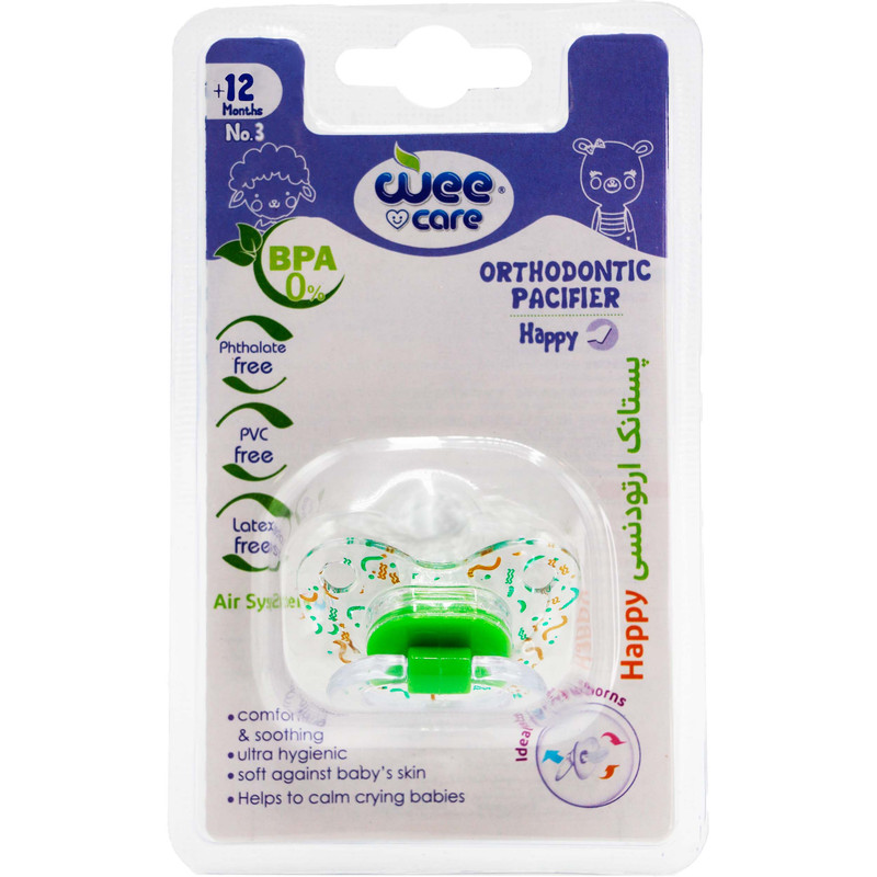 پستانک ارتودنسی وی کر مدل دسته دار شفاف چاپدار happy سایز +12 ماه کد P117