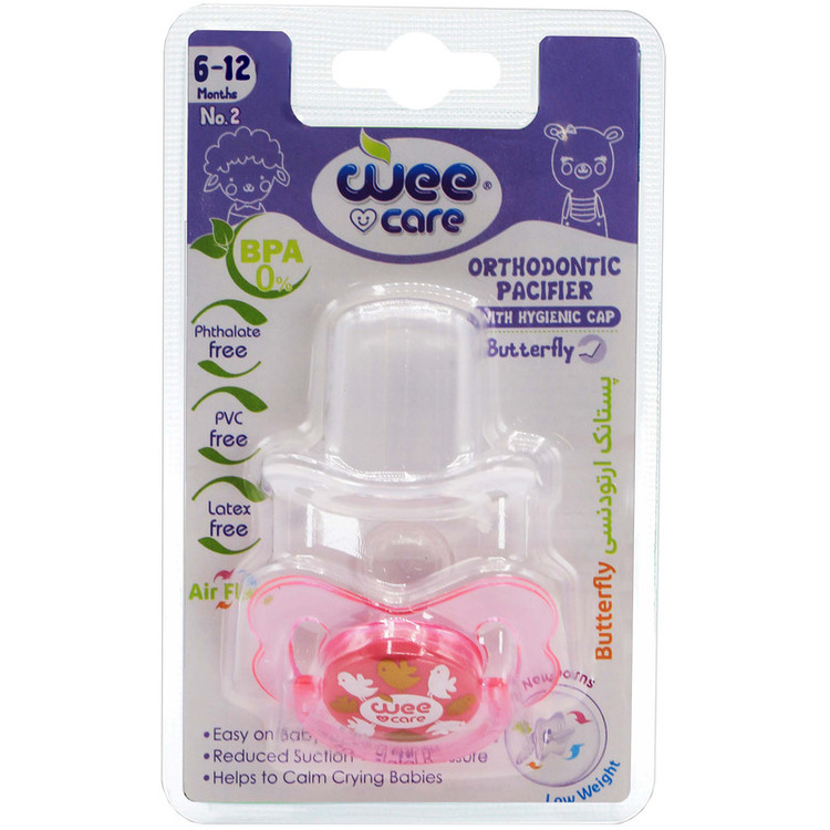 پستانک ارتودنسی وی کر مدل دربدار دسته دار شفاف چاپدار پروانه ای سایز 6-12 ماه کد P128