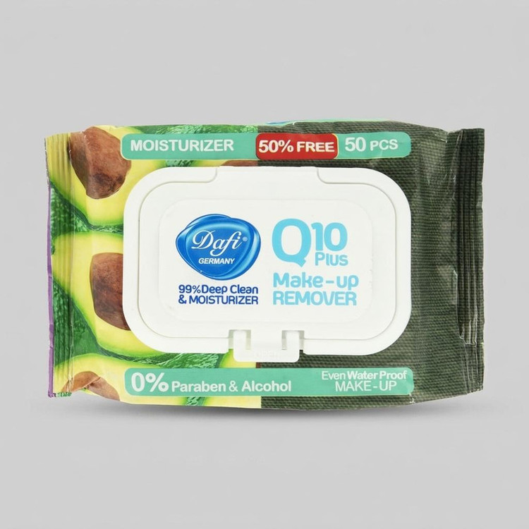دستمال مرطوب پاک کننده آرایش دافی مدل Q10 PLUS بسته 50 عددی
